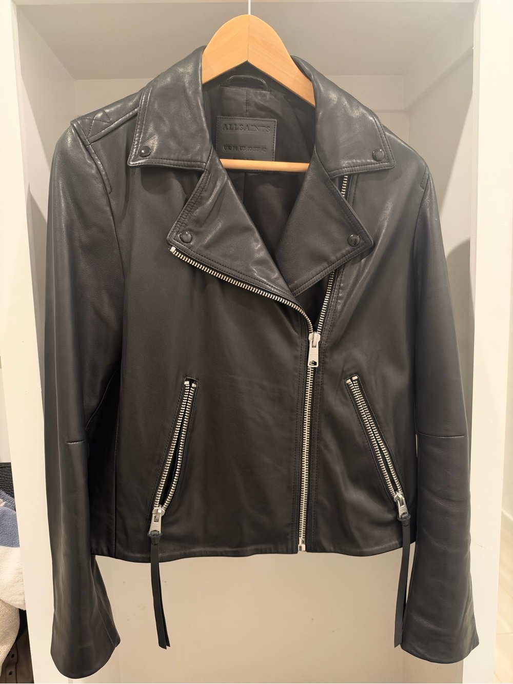 All Saints Black Leather Asymmetric Biker Jacket NWOT - size 10